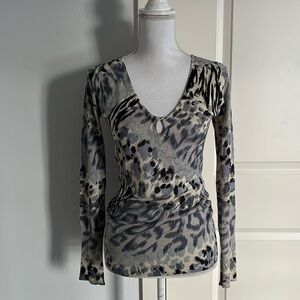 Charlotte Tarantola Light Blue Leopard Print Sweater with Keyhole at Bust